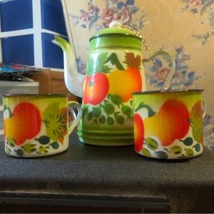 Unbranded Faux Enamelware Coffee Pot & Cups Decorative fruit farmhouse theme